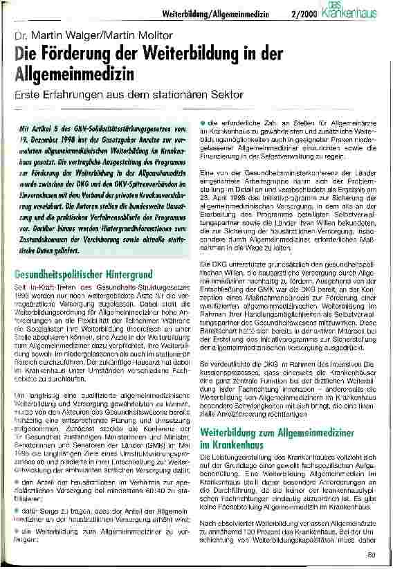 Vorschauseite 1: Die Förderung der Weiterbildung in der Allgemeinmedizin Erste Erfahrungen aus dem stationären Sektor