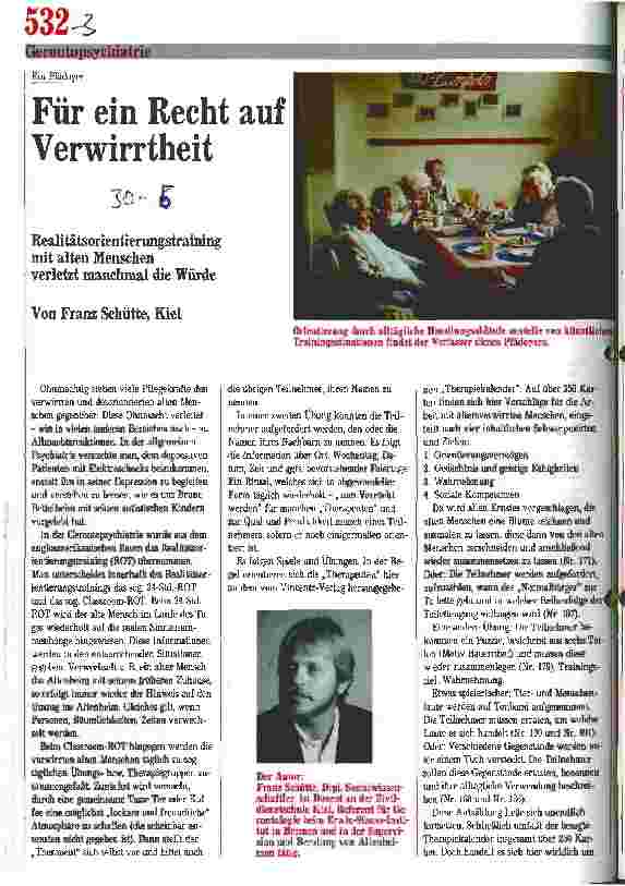 Vorschauseite 1: Ein Plädoyer, Für ein Recht auf Verwirrtheit, Realitätsorientierungstraining mit alten Menschen verletzt manchmal die Würde