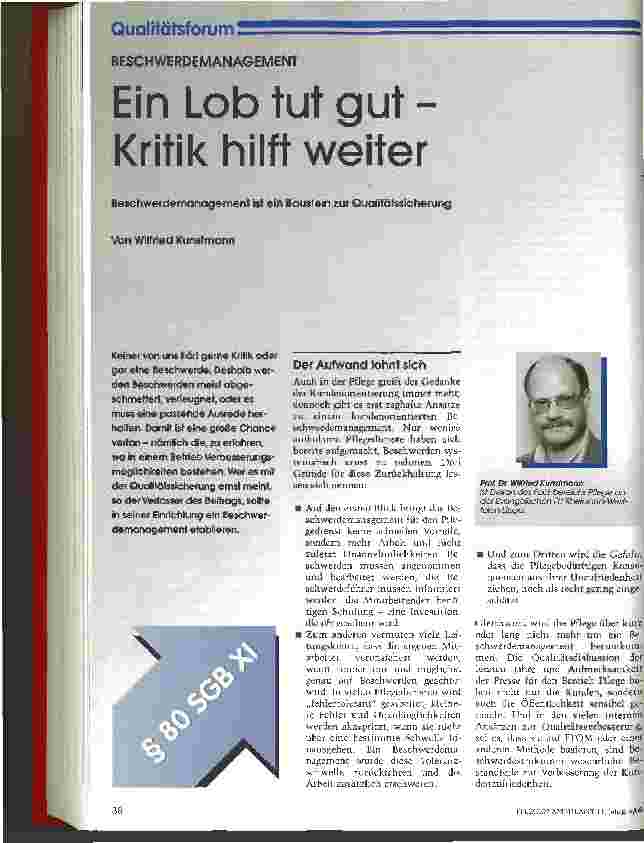 Vorschauseite 1: Ein Lob tut gut - Kritik hilft weiter Beschwerdemanagement ist ein Baustein zur Qualitätssicherung