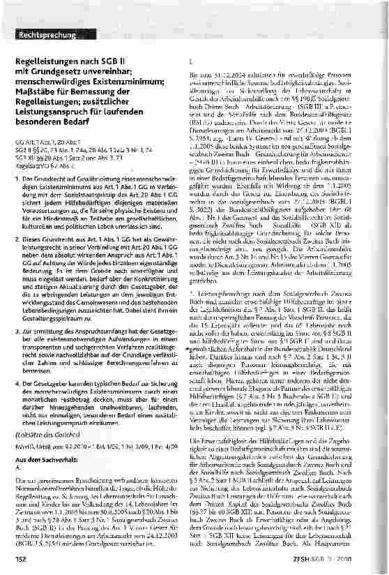 Vorschauseite 1: Regelleistungen nach SGB II mit Grundgesetz unvereinbar; menschenwürdiges Existenzminimum; Maßstäbe für Bemessung der Regelleistungen; zusätzlicher Leistungsanspruch für laufenden…