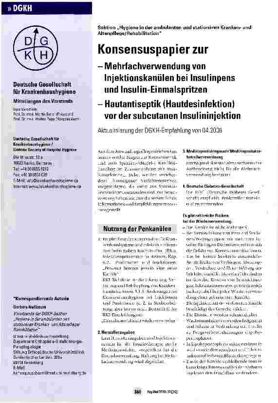 Vorschauseite 1: Konsensuspapier zur - Mehrfachverwendung von Injektionskanülen bei Insulinpens und Insulin-Einmalspritzen - Hautantiseptik (Hautdesinfektion)vor der subcutanen Insulininjektion