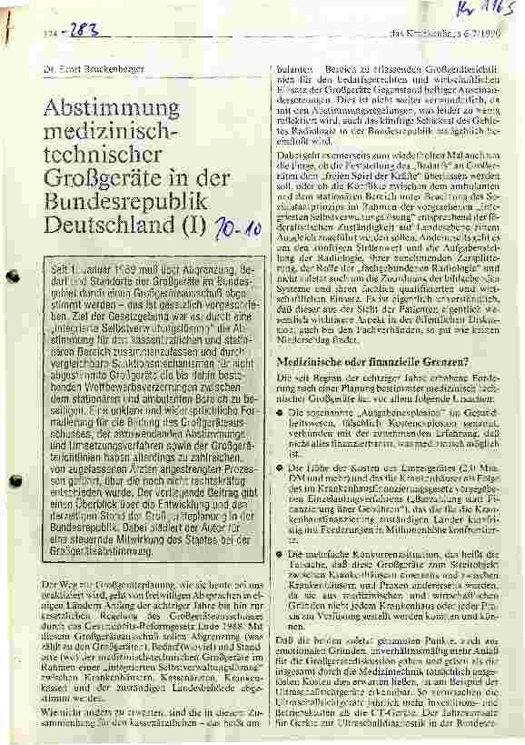 Vorschauseite 1: Abstimmung medizinisch-technischer Großgeräte in der BRD (I)