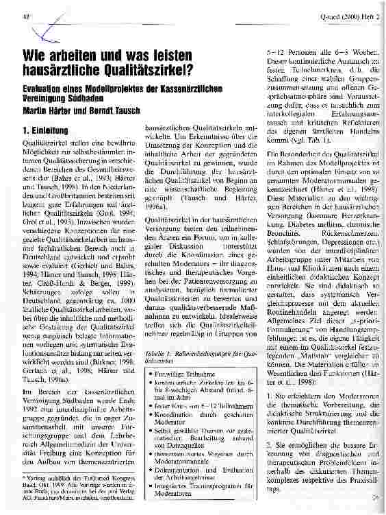 Vorschauseite 1: Wie arbeiten und was leisten hausärztliche Qualitätszirkel? Evaluation eines Modellprojektes der Kassenärztlichen Vereinigung Südbaden
