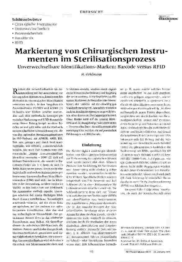 Vorschauseite 1: Markierung von Chirurgischen Instrumenten im Sterilisationsprozess Unverwechselbare Identifikations-Marken: Barcode versus RFID