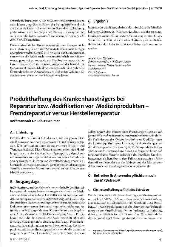 Vorschauseite 1: Produkthaftung des Krankenhausträgers bei Reparatur bzw. Modifikation von Medizinprodukten Fremdreparatur versus Herstellerreparatur