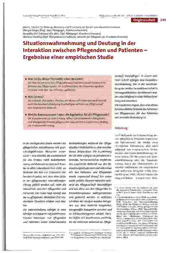 Vorschauseite 1: Situationswahrnehmung und Deutung in der Interaktion zwischen Pflegenden und Patienten Ergebnisse einer empirischen Studie