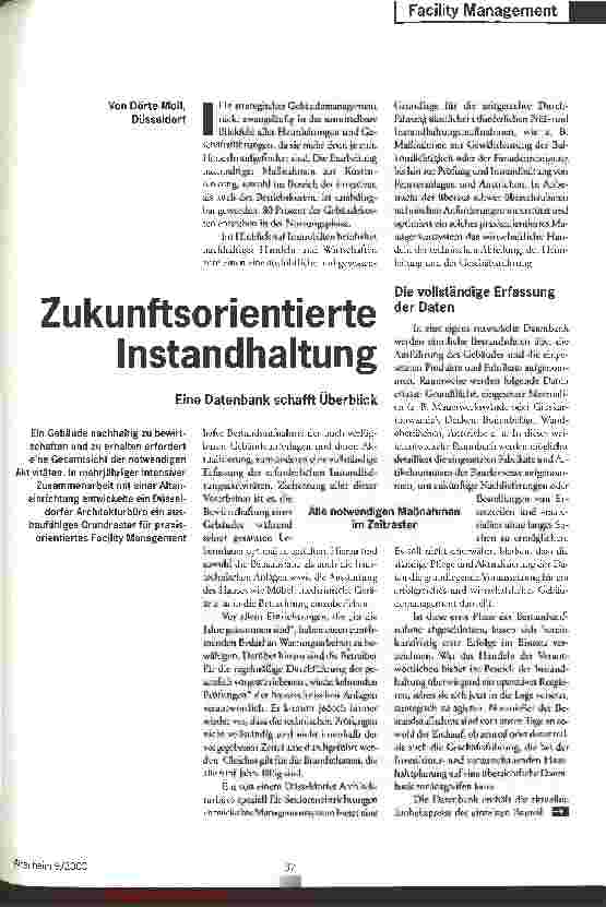 Vorschauseite 1: Zukunftsorientierte Instandhaltung Eine Datenbank schafft Überblick