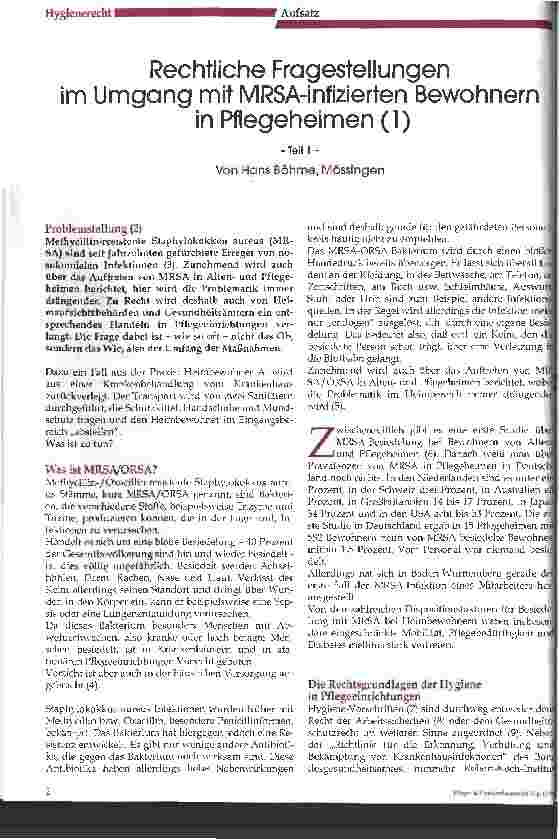 Vorschauseite 1: Rechtliche Fragestellungen im Umgang mit MRSA-infizierten Bewohnern in Pflegeheimen