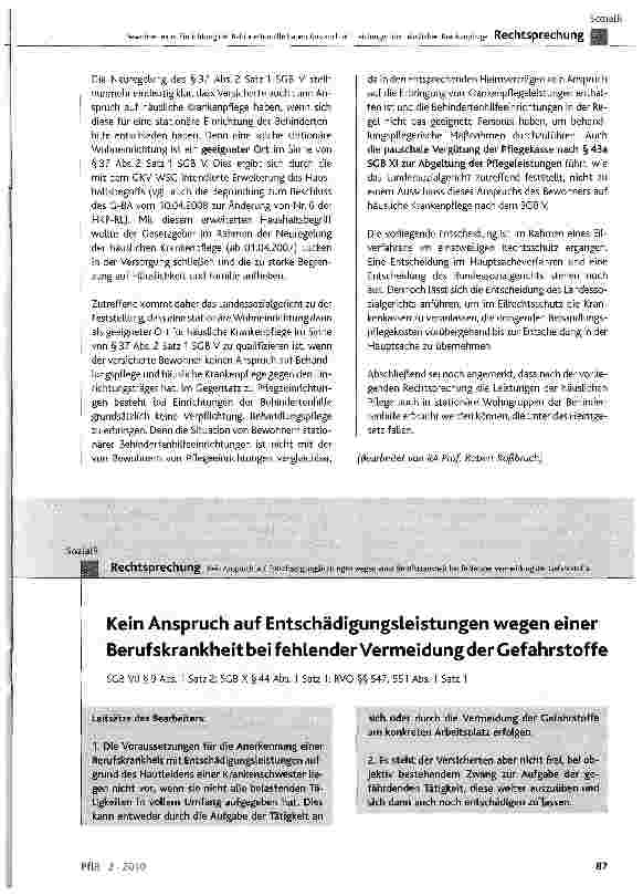 Vorschauseite 1: Kein Anspruch auf Entschädigungsleistungen wegen einer Berufskrankheit bei fehlender Vermeidungder Gefahrstoffe