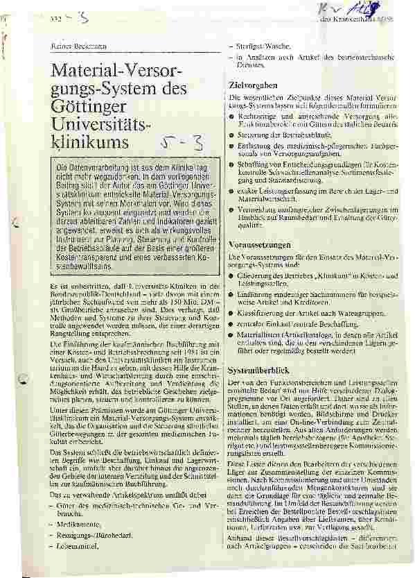 Vorschauseite 1: Material-Versorgungs-System des Göttinger Universitätsklinikum