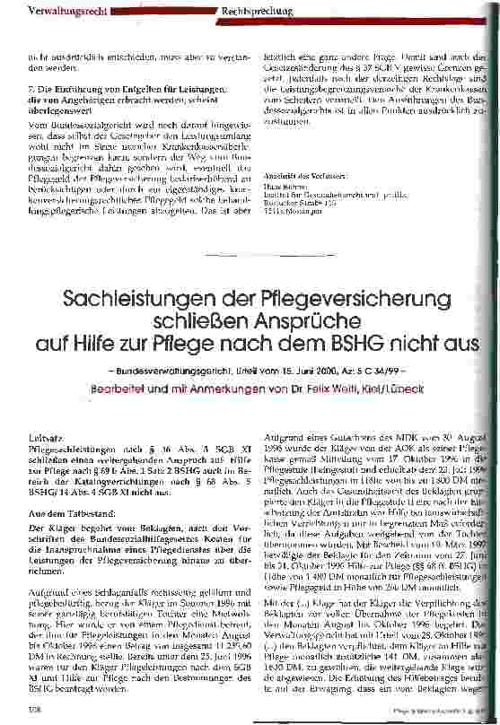Vorschauseite 1: Sachleistungen der Pflegeversicherung schließen Ansprüche auf Hilfe zur Pflege nach dem BSHG nicht aus