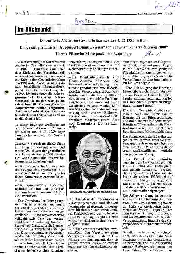 Vorschauseite 1: Konzertierte Aktion im Gesundheitswesen am 4. 12. 1989 in Bonn Pflege im Mittelpunkt der Beratungen