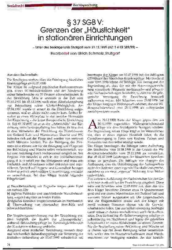 Vorschauseite 1: § 37 SGB V: Grenzen der Häuslichkeit in stationären Einrichtungen - Urteil des Sozialgerichts Stuttgart vom 21.12.1999 (AZ: S 4 KR 389/99) -