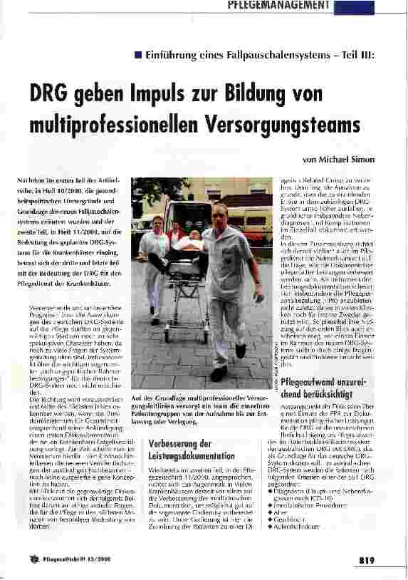 Vorschauseite 1: DRG geben Impuls zur Bildung von multiprofessionellen Versorgungsteams Einführung eines Fallpauschalensystems - Teil III