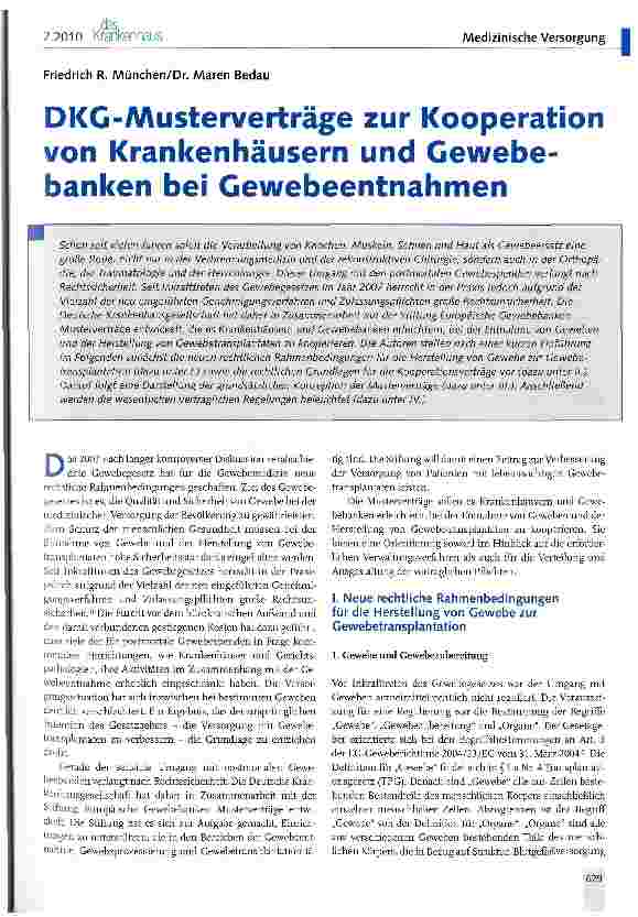 Vorschauseite 1: DKG-Musterverträge zur Kooperation von Krankenhäusern und Gewebebanken bei Gewebeentnahmen