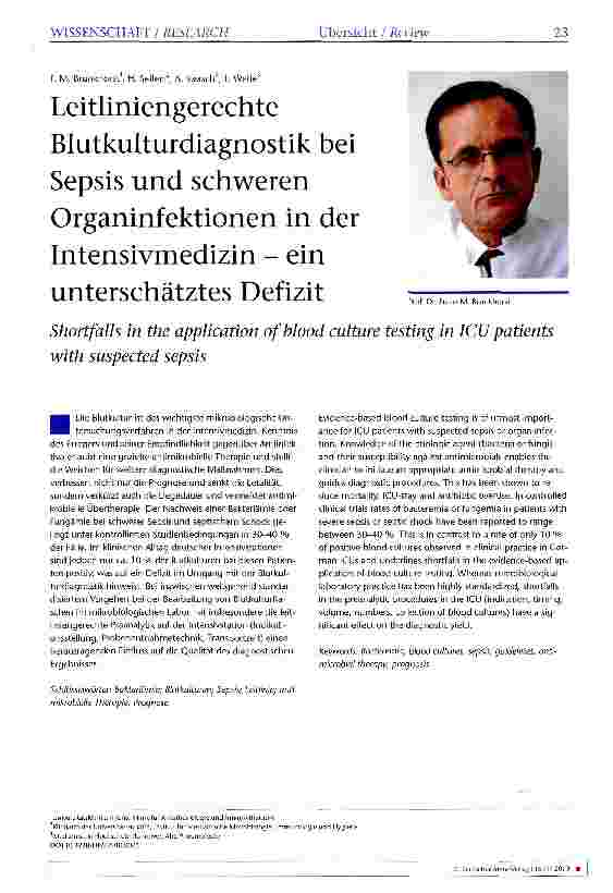 Vorschauseite 1: Leitliniengerechte Blutkulturdiagnostik bei Sepsis und schweren Organinfektionen in der Intensivmedizin - ein unterschätztes Defizit