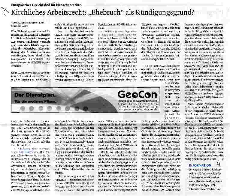 Vorschauseite 1: Kirchliches Arbeitsrecht: „Ehebruch als Kündigungsgrund?