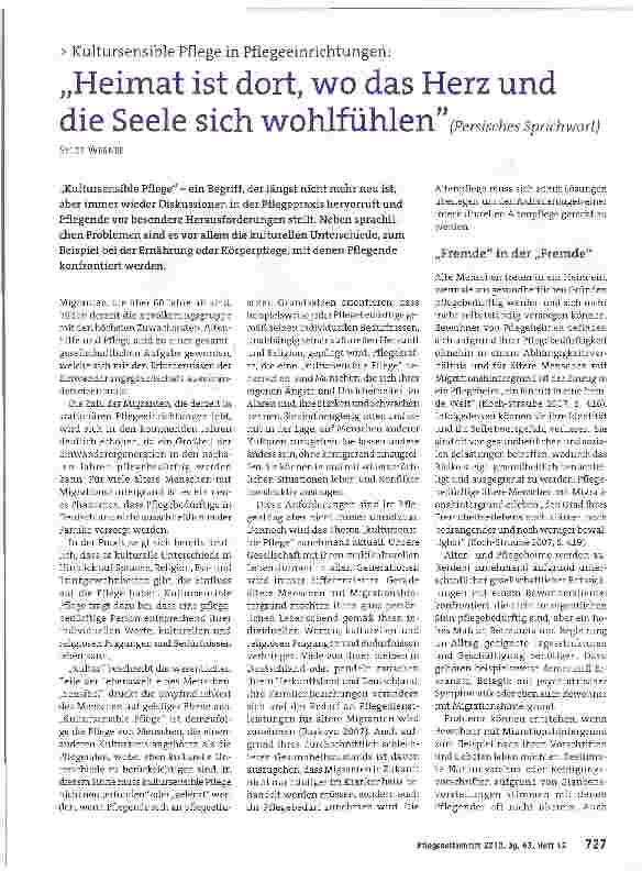 Vorschauseite 1: Kultursensible Pflege in Pflegeeinrichtungen: „Heimat ist dort, wo das Herz und Seele Sich wohlfühlen