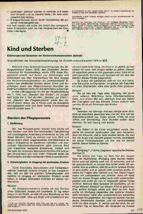 Vorschauseite 1: Kind und Sterben Erfahrungen und Gedanken von Kinderkrankenschwestern (Schluß)