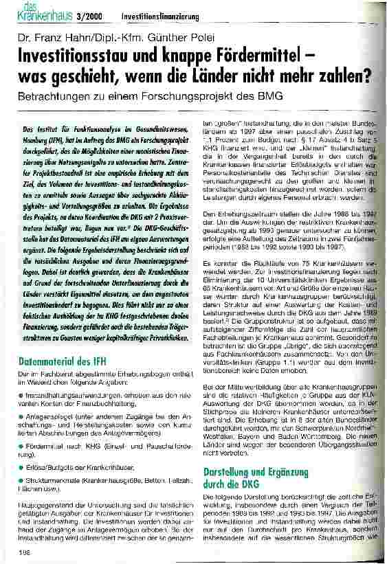 Vorschauseite 1: Investitionsstau und knappe Fördermittel - was geschieht, wenn die Länder nicht mehr zahlen? Betrachtungen zu einem Forschungsprojekt des BMG