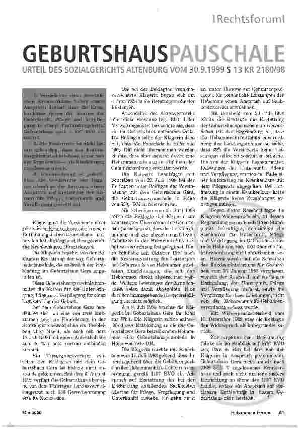 Vorschauseite 1: GEBURTSHAUSPAUSCHALEURTEIL DES SOZIALGERICHTS ALTENBURG VOM 30.9.1999 S 13 KR 2180/98