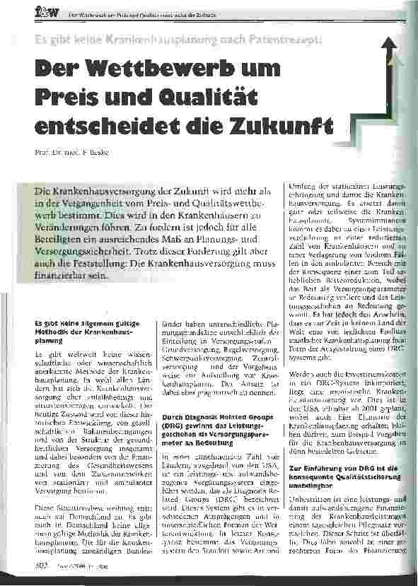 Vorschauseite 1: Der Wettbewerb um Preis und Qualität entscheidet die Zukunft Es gibt keine Krankenhausplanung nach Patentrezept