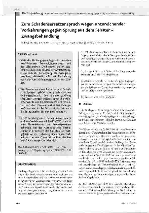 Vorschauseite 1: Zum Schadensersatzanspruch wegen unzureichender Vorkehrungen gegen Sprung aus dem Fenster-Zwangsbehandlung