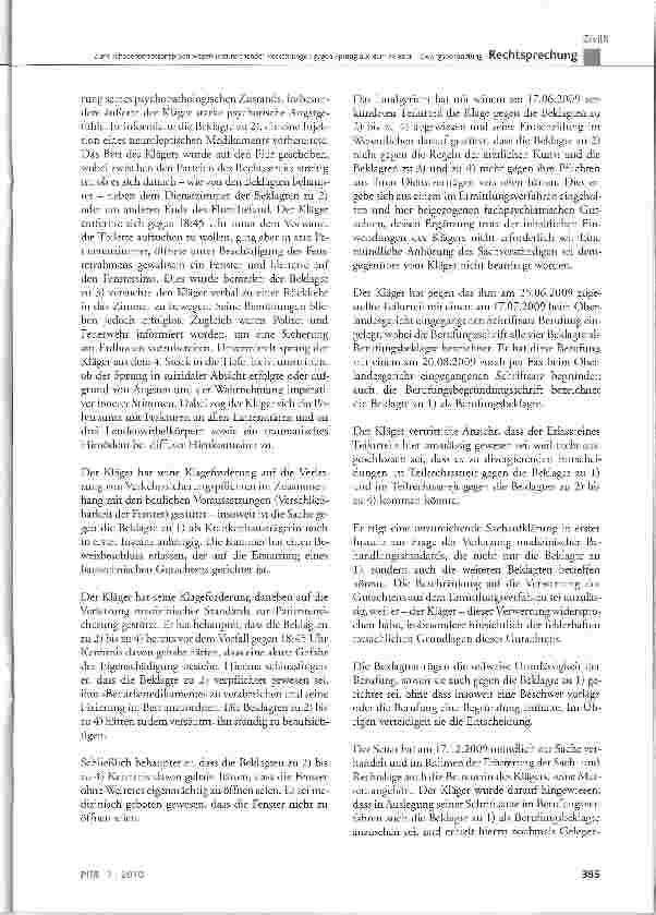 Vorschauseite 2: Zum Schadensersatzanspruch wegen unzureichender Vorkehrungen gegen Sprung aus dem Fenster-Zwangsbehandlung