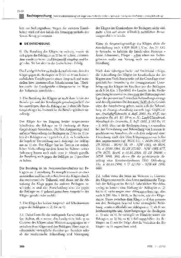 Vorschauseite 3: Zum Schadensersatzanspruch wegen unzureichender Vorkehrungen gegen Sprung aus dem Fenster-Zwangsbehandlung
