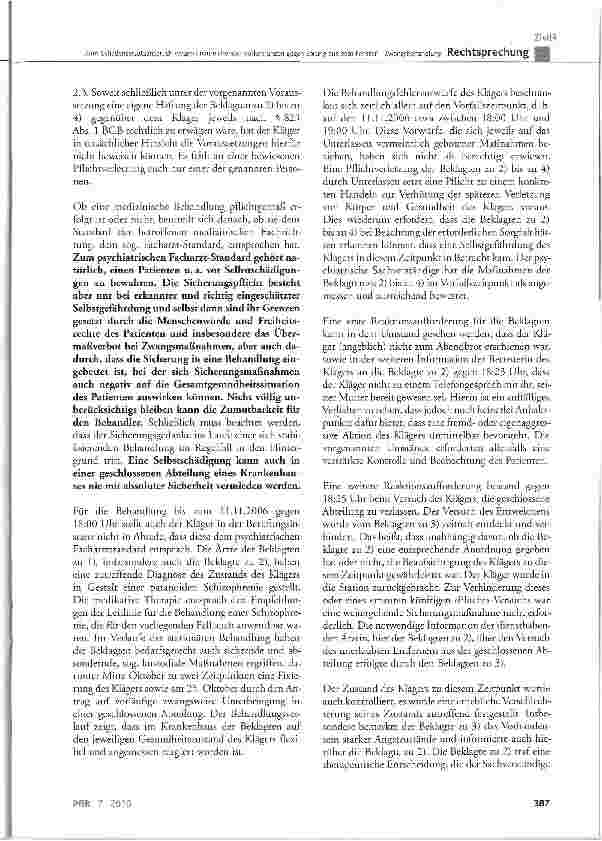 Vorschauseite 4: Zum Schadensersatzanspruch wegen unzureichender Vorkehrungen gegen Sprung aus dem Fenster-Zwangsbehandlung