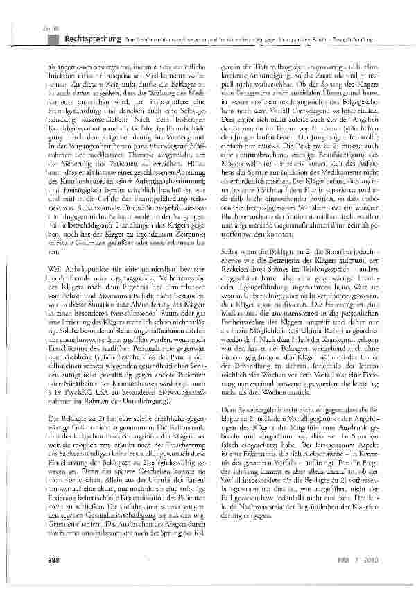 Vorschauseite 5: Zum Schadensersatzanspruch wegen unzureichender Vorkehrungen gegen Sprung aus dem Fenster-Zwangsbehandlung