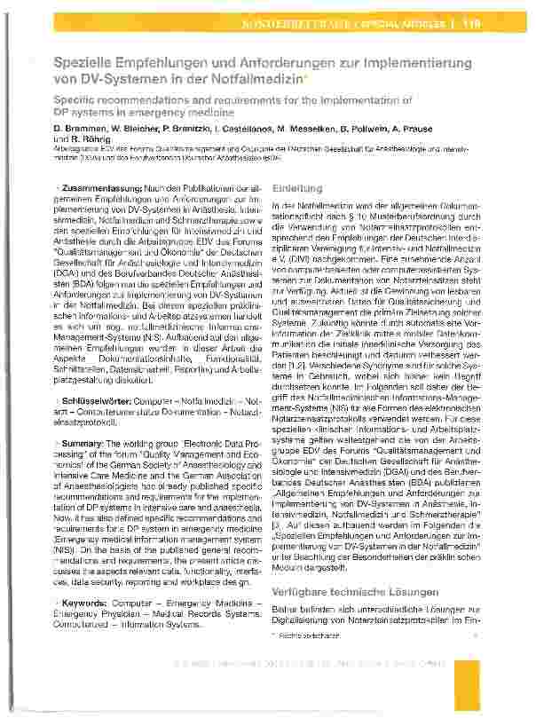 Vorschauseite 1: Spezielle Empfehlungen und Anforderungen zur Implementierung von DV-Systemen in der Notfallmedizin