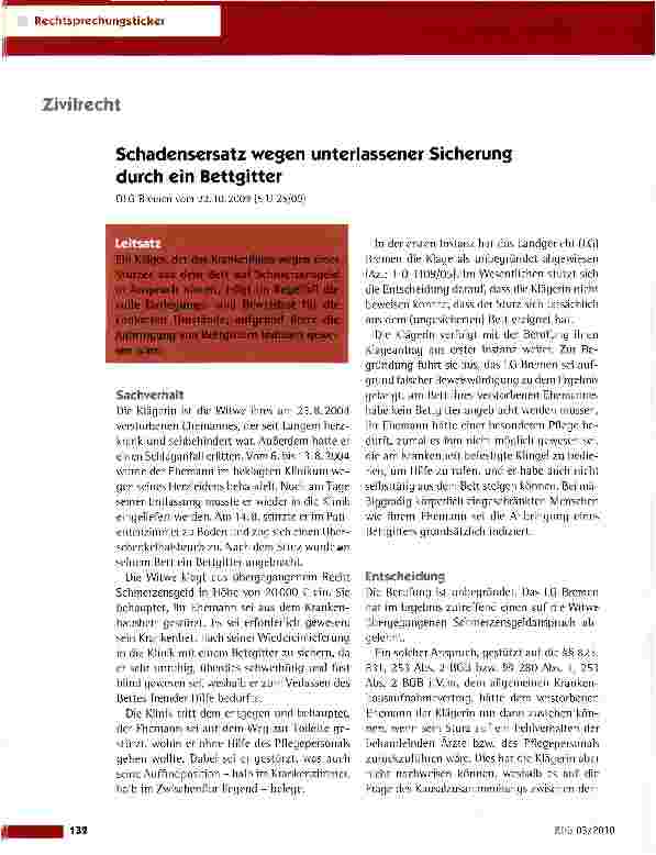Vorschauseite 1: Schadensersatz wegen unterlassener Sicherung durch ein Bettgitter