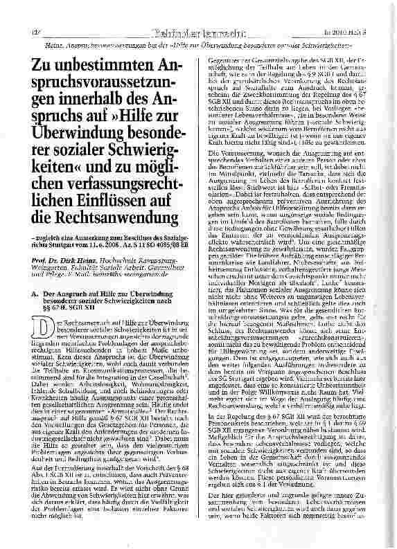Vorschauseite 1: Zu unbestimmten Anspruchsvoraussetzungen innerhalb des Anspruchs auf »Hilfe zur Überwindung besonderer sozialer Schwierigkeiten« und zu möglichen verfassungsrechtlichen Einflüssen…