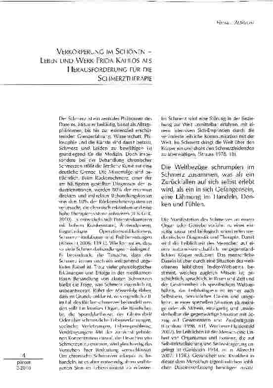 Vorschauseite 1: VERKÖRPERUNG IM SCHÖNEN - LEBEN UND WERK FRIDA KAHLOS ALS HERAUSFORDERUNG FÜR DIESCHMERZTHERAPIE