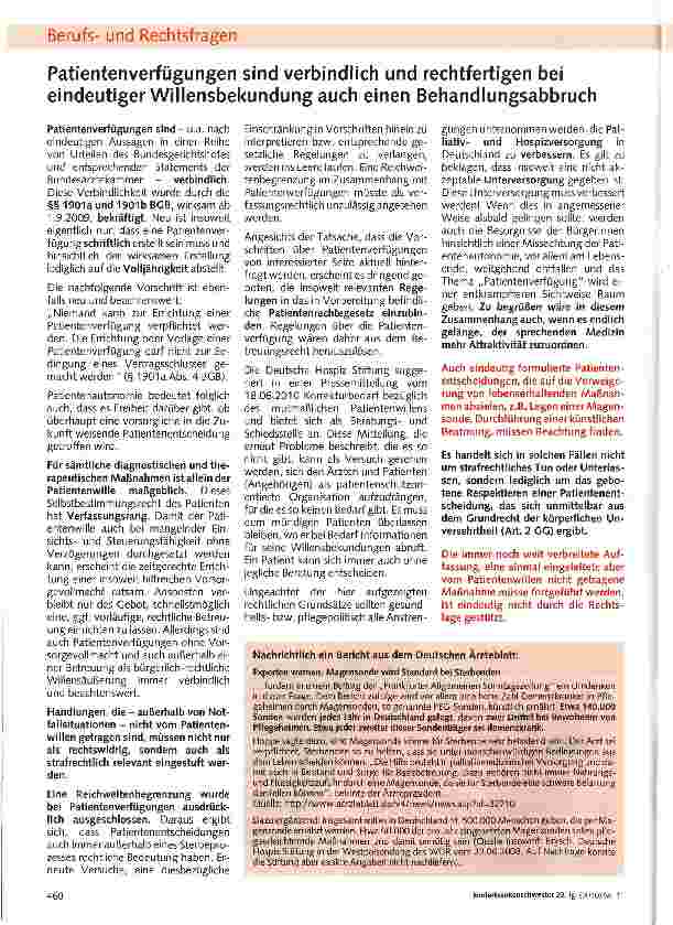 Vorschauseite 1: Patientenverfügungen sind verbindlich und rechtfertigen bei eindeutiger Willensbekundung auch einen Behandlungsabbruch