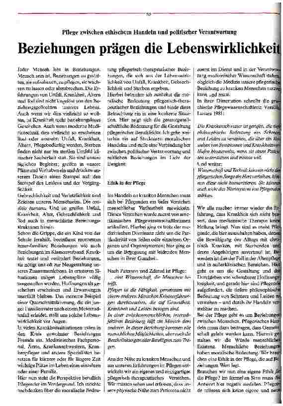 Vorschauseite 1: Beziehungen prägen die Lebenswirklichkeit Pflege zwischen ethischem Handeln und politischer Verantwortung