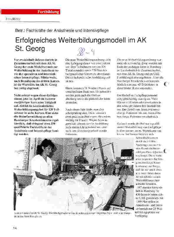 Vorschauseite 1: Betr.: Fachkräfte der Anästhesie und Intensivpflege Erfolgreiches Weiterbildungsmodell im AK St. Georg