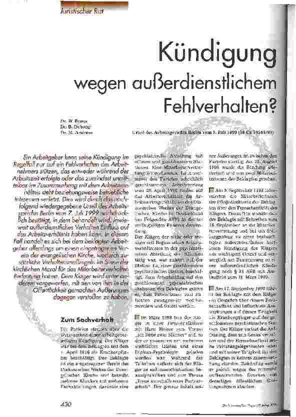 Vorschauseite 1: Kündigung wegen außerdienstlichem Fehlverhalten?