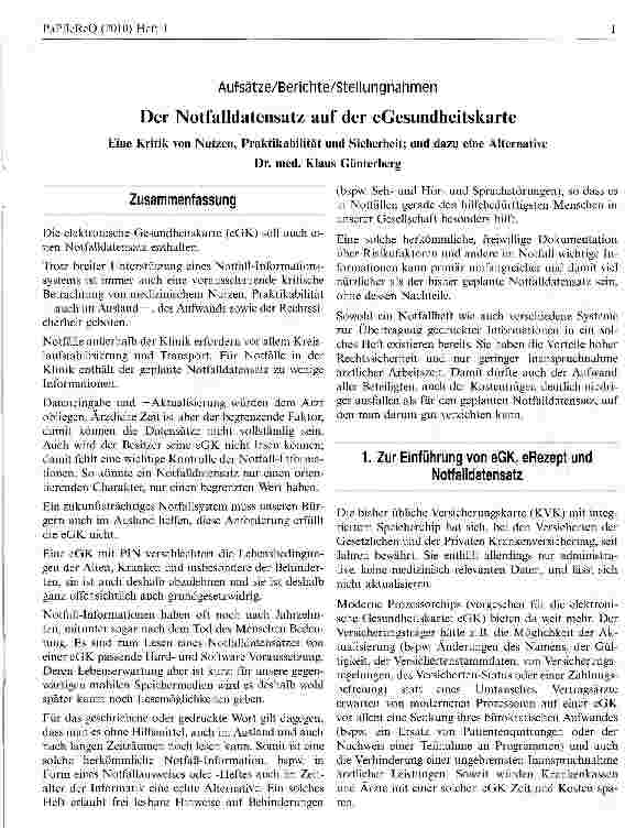 Vorschauseite 1: Notfalldatensatz auf der eGesundheitskarte