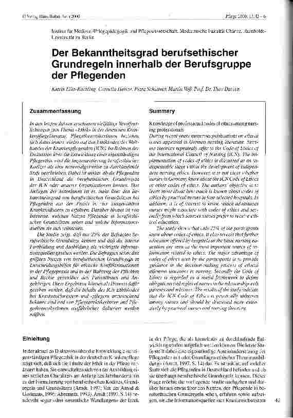 Vorschauseite 1: Der Bekanntheitsgrad berufsethischer Grundregeln innerhalb der Berufsgruppe der Pflegenden