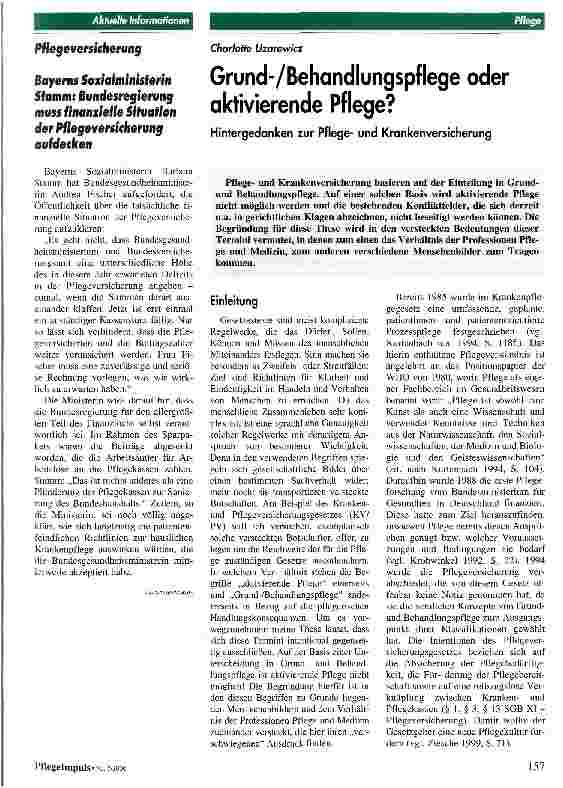 Vorschauseite 1: Grund-/Behandlungspflege oder aktivierende Pflege? Hintergedanken zur Pflegeund Krankenversicherung