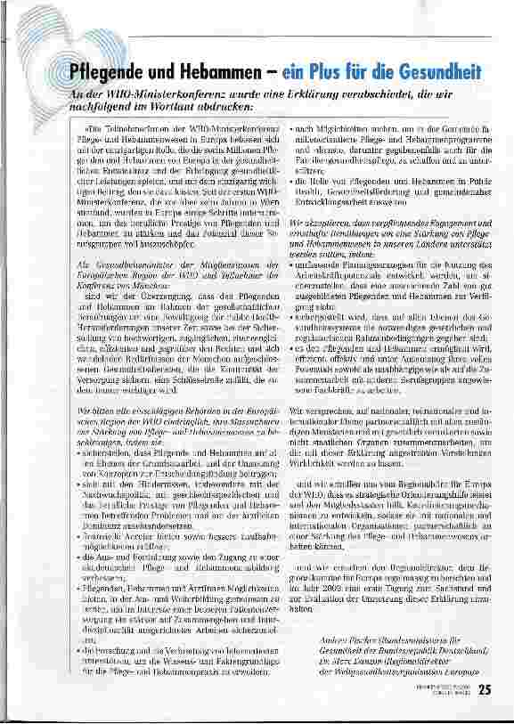 Vorschauseite 2: Mehr als diplomatische Worte WHO-Konferenz Pflegeund Hebammenwesen in München