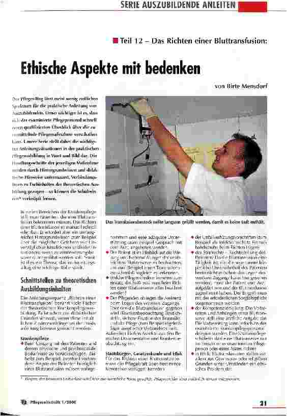 Vorschauseite 1: Ethische Aspekte mit bedenken Teil 12 - Das Richten einer Bluttransfusion