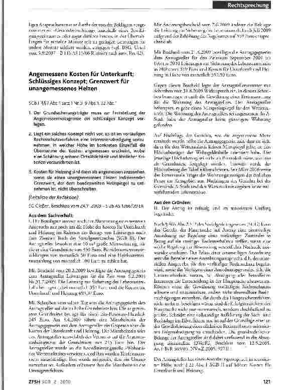 Vorschauseite 1: Angemessene Kosten für Unterkunft; Schlüssiges Konzept; Grenzwert für unangemessenes Heizen