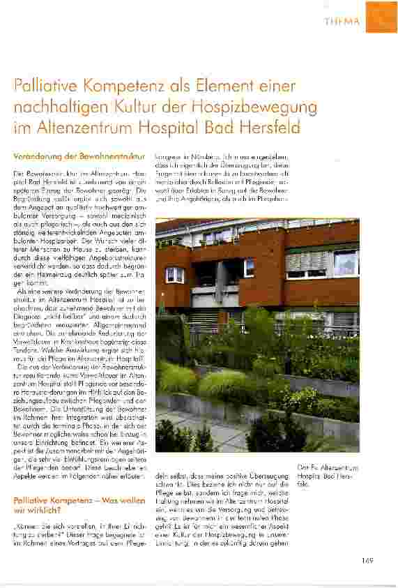 Vorschauseite 1: Palliative Kompetenz als Element einer nachhaltigen Kultur der Hospizbewegung im Altenzentrum Hospital Bad Hersfeld