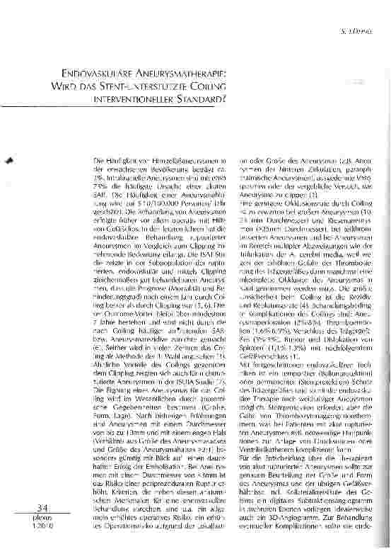 Vorschauseite 1: ENDOVASKULÄRE ANEURYSMATHERAPIE: WIRD DAS STENT-UNTERSTÜTZTE COILINC INTERVENTIONELLER STANDARD?