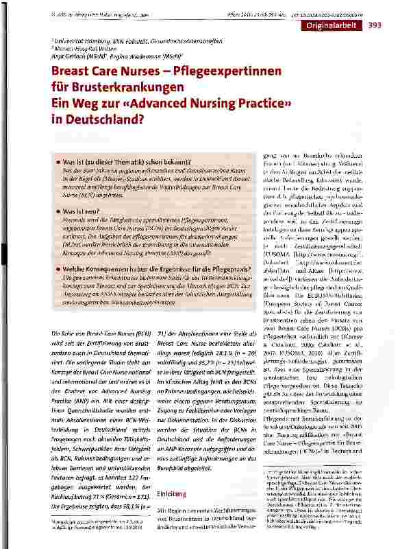 Vorschauseite 1: Breast Care Nurses - Pflegeexpertinnen für Brusterkrankungen Ein Weg zur «Advanced Nursing Practice» in Deutschland?