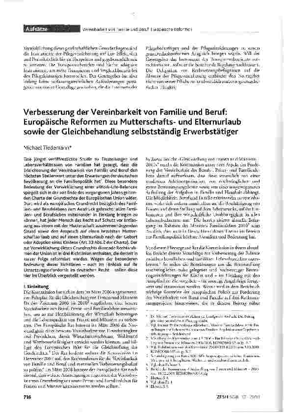 Vorschauseite 1: Verbesserung der Vereinbarkeit von Familie und Beruf: Europäische Reformen zu Mutterschaftsund Elternurlaub sowie der Gleichbehandlung selbstständig Erwerbstätiger