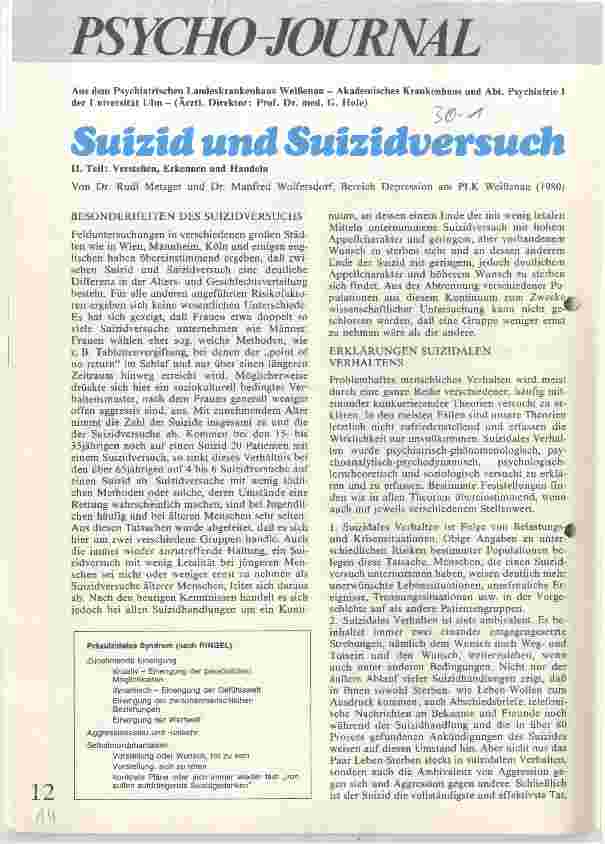 Vorschauseite 1: Suizid und Siuzidversuch II. Teil: Verstehen, Erkennen und Handeln